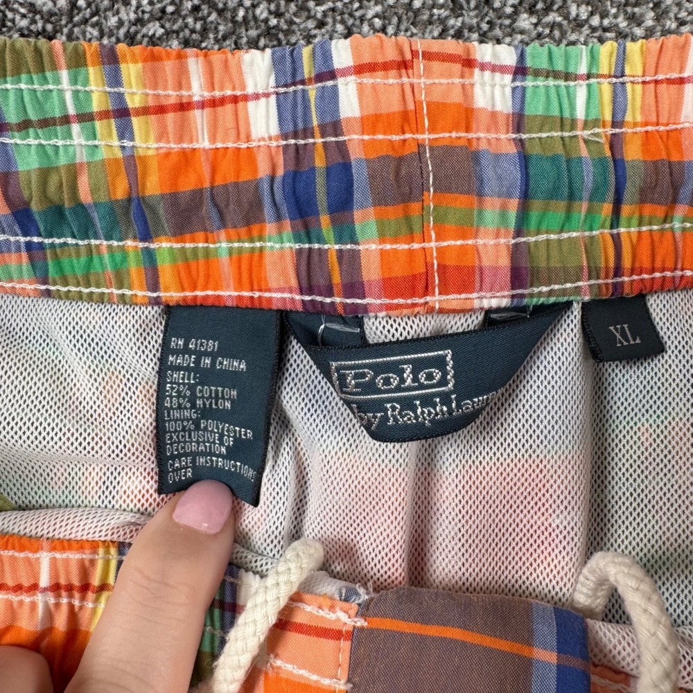 Polo Ralph Lauren Swim Trunks Men's XL Orange Plaid Mesh Lined Drawstring Shorts - Picture 3 of 5